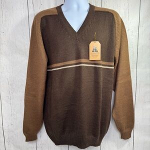 Alpaca Fina Mens Alpaca Wool Sweater Brown Tan Striped V Neck Grandpa Preppy